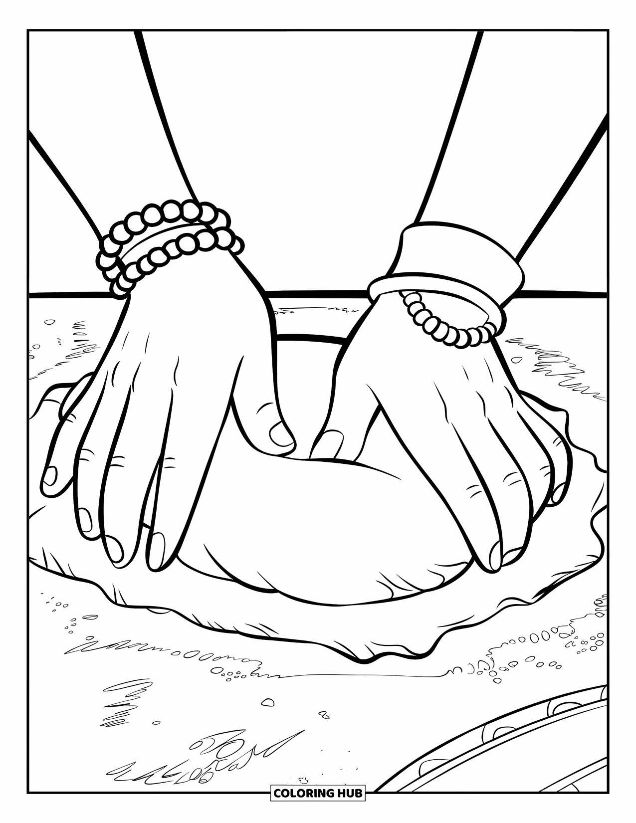Kitchen Coloring Page for Kids: Hands knead dough beside scattered flour on a rustic kitchen table