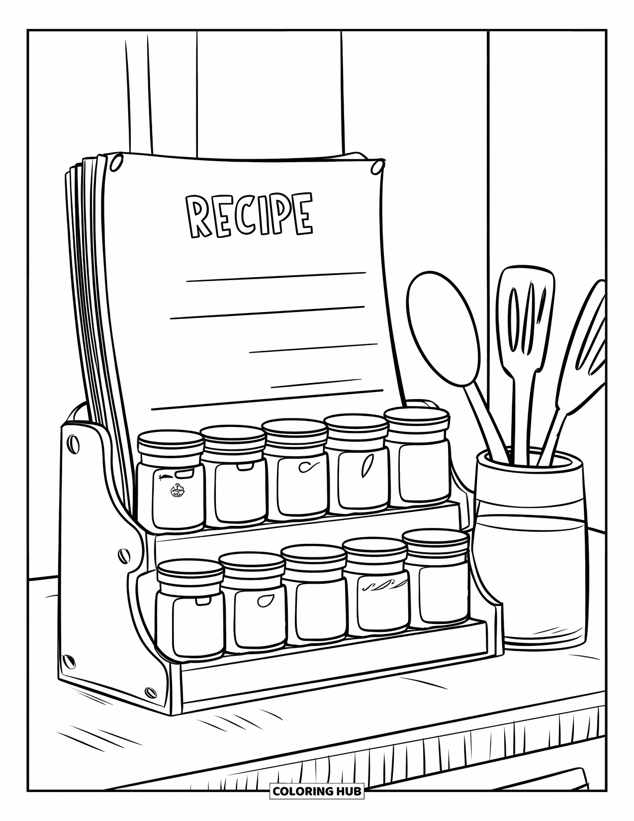 Kitchen Coloring Page for Kids: Neatly arranged spice jars sit by a recipe pad and utensil holder