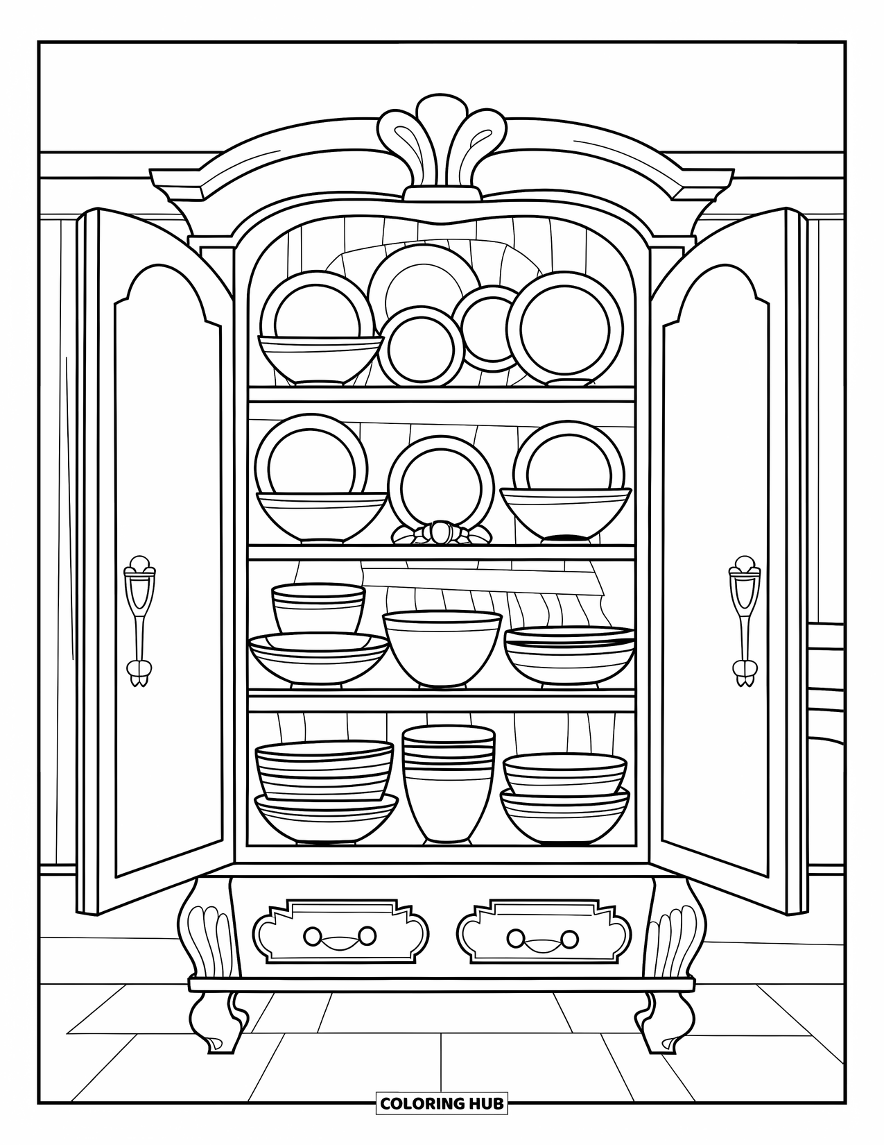 Kitchen Coloring Page for Kids: Shelves hold stacked dishes and bowls behind open cupboard doors