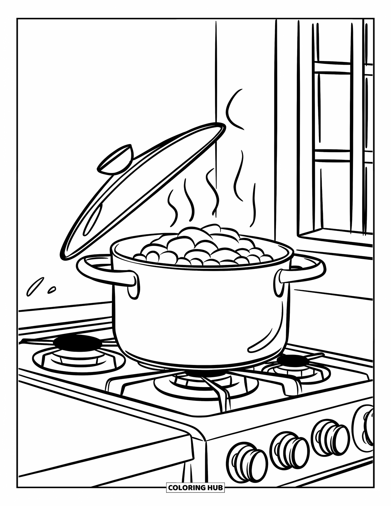 Kitchen Coloring Page for Kids: Steam rises from a pot on the stove beside a window and door