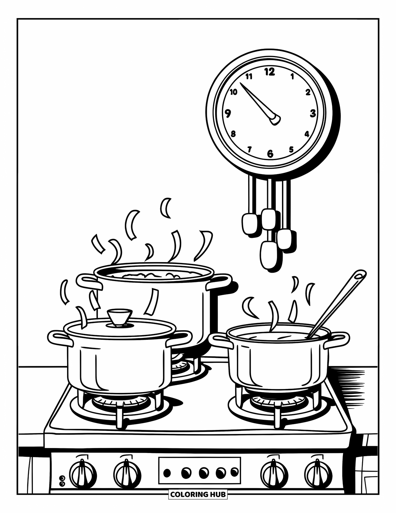 Kitchen Coloring Page for Kids: Steamy pots cook on a stovetop beneath a wall clock
