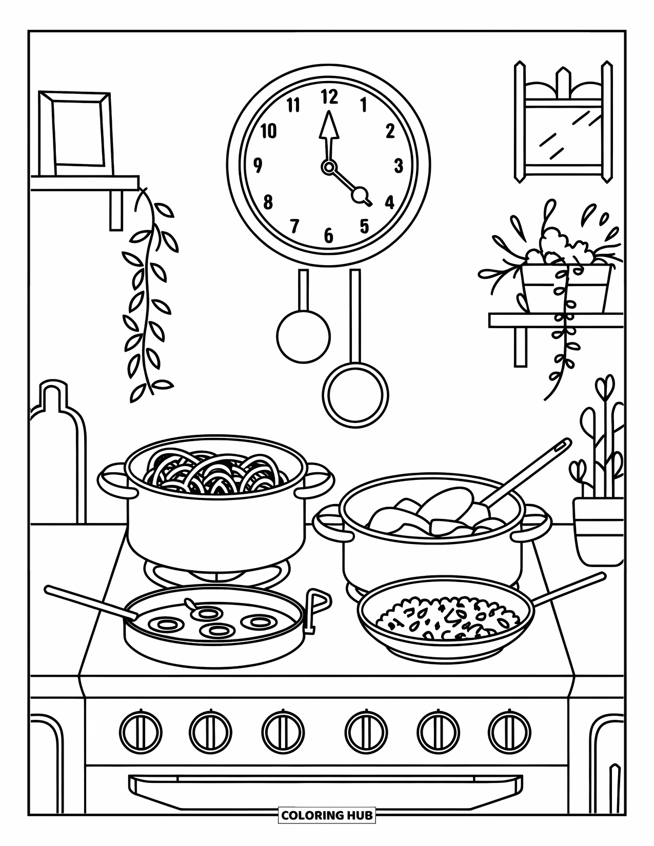 Kitchen Coloring Page for Kids: Three pots and a frying pan cook various foods under a clock on the wall