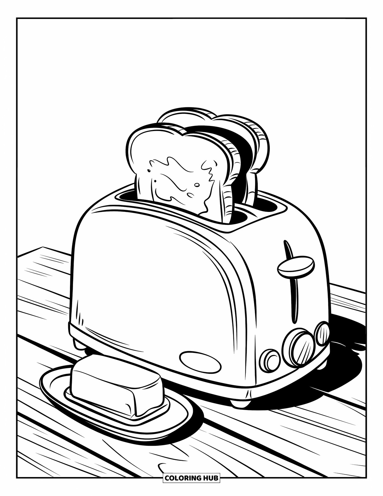 Kitchen Coloring Page for Kids: Toast pops up from a toaster beside a butter tray on a wooden surface