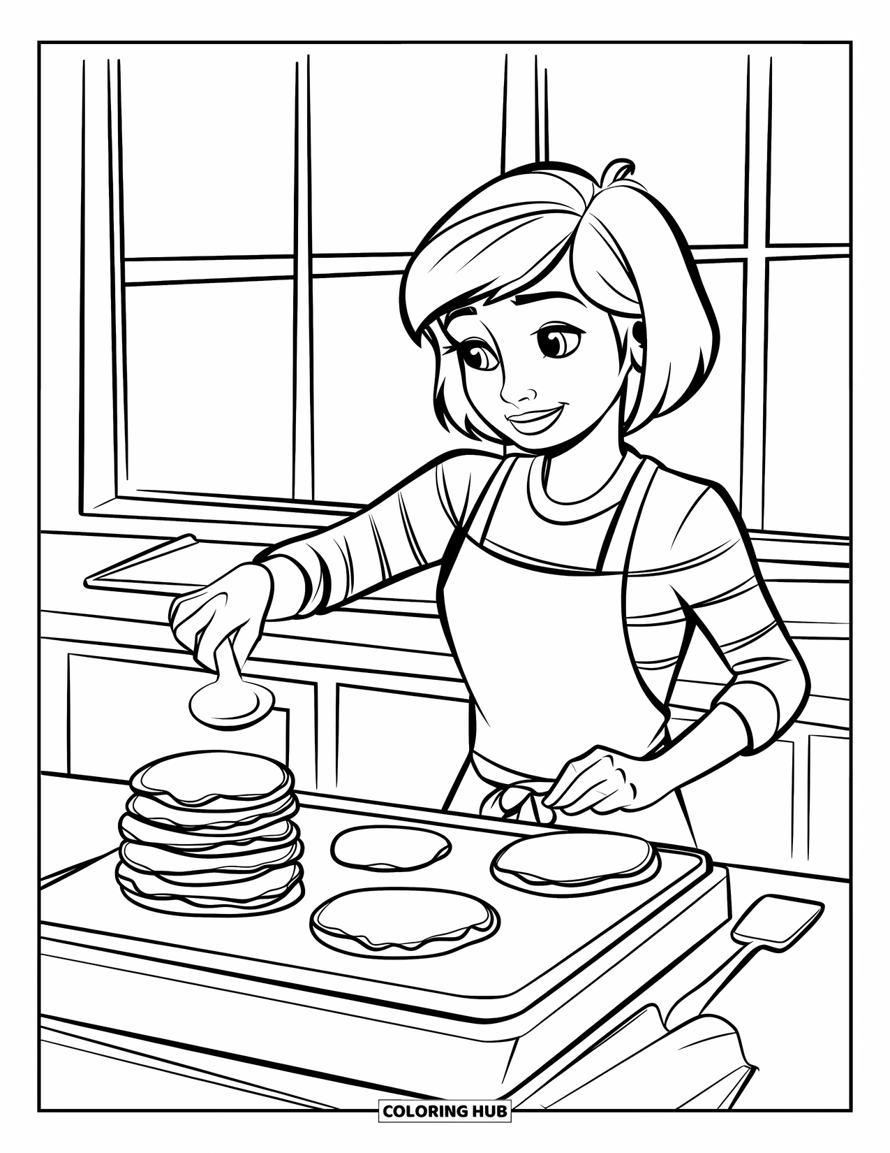 Kitchen Coloring Page for Kids: Wearing an apron, a teen flips pancakes beside a tall stack