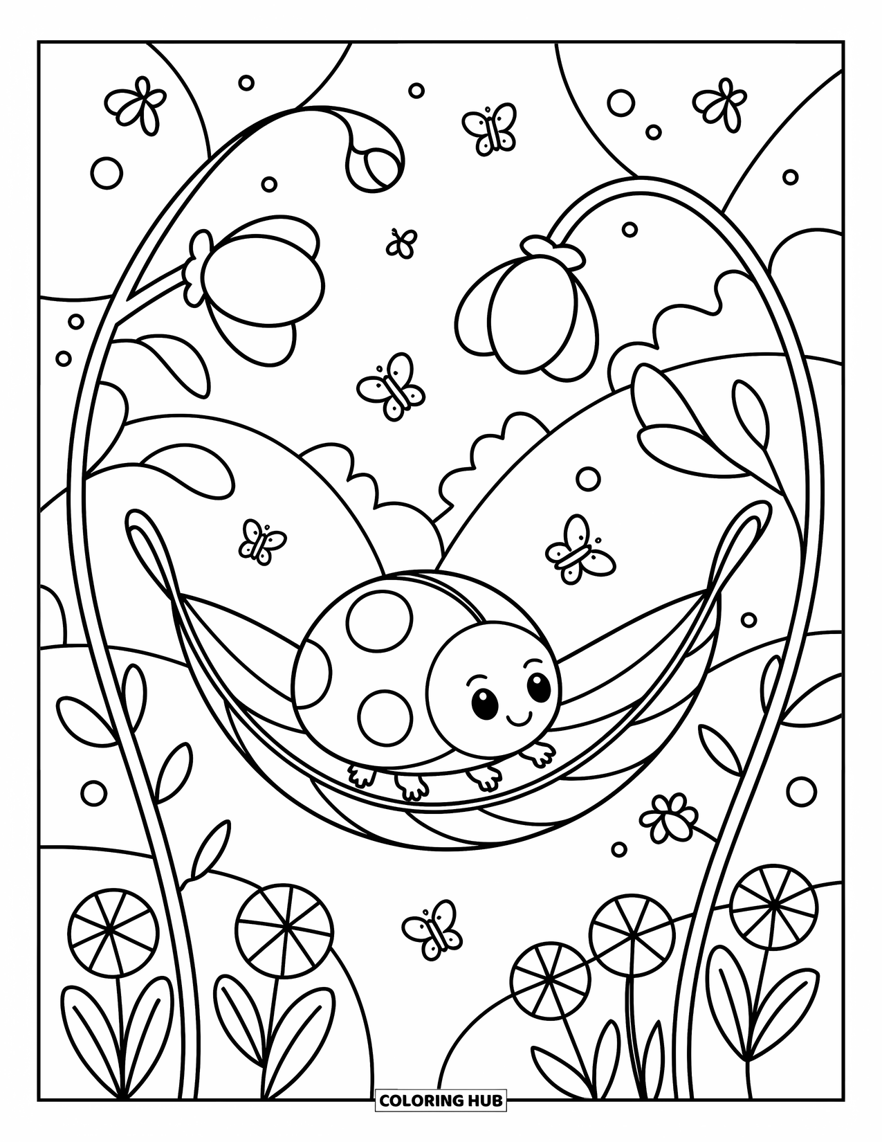 Ladybug Coloring Page for Adults: A cozy leaf hammock holds a ladybug as butterflies and seeds drift through the air