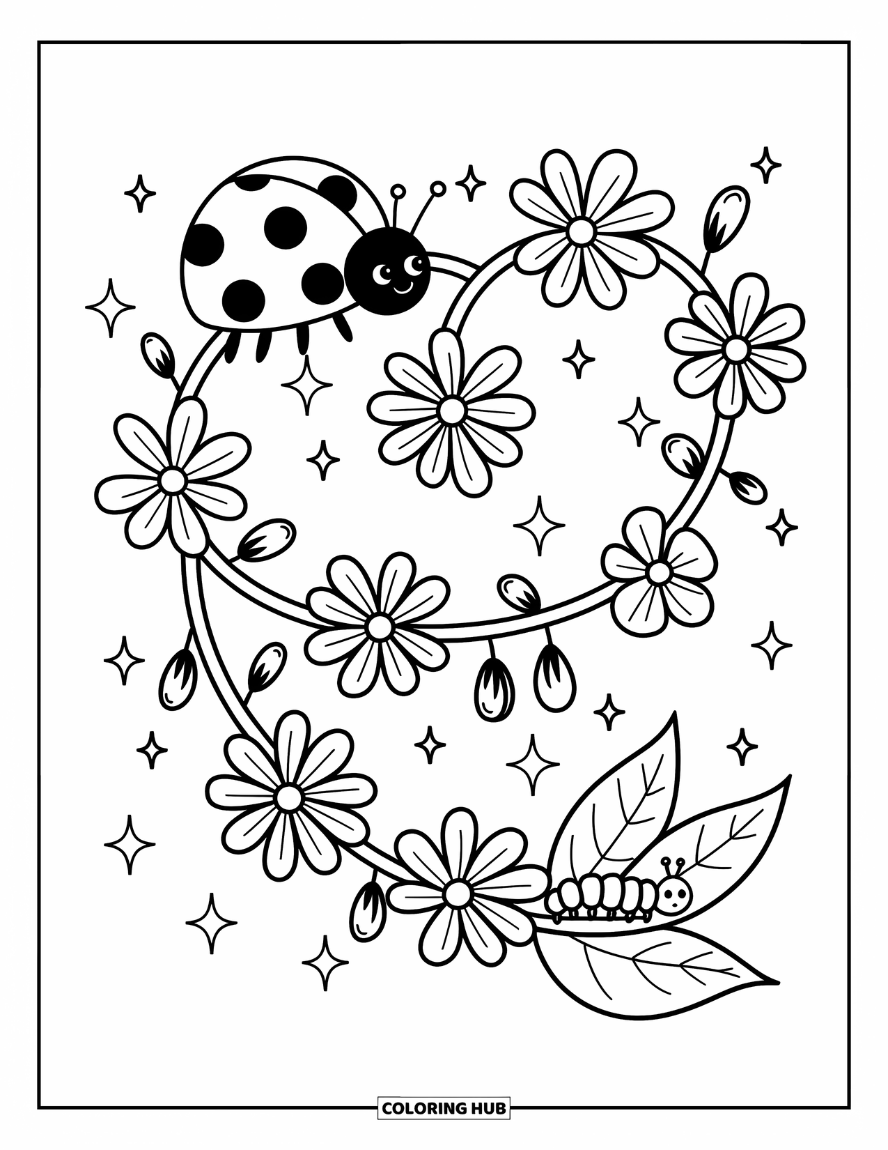 Ladybug Coloring Page for Adults: A ladybug crawls up a vine shaped like a heart, with flowers and sparkles floating around