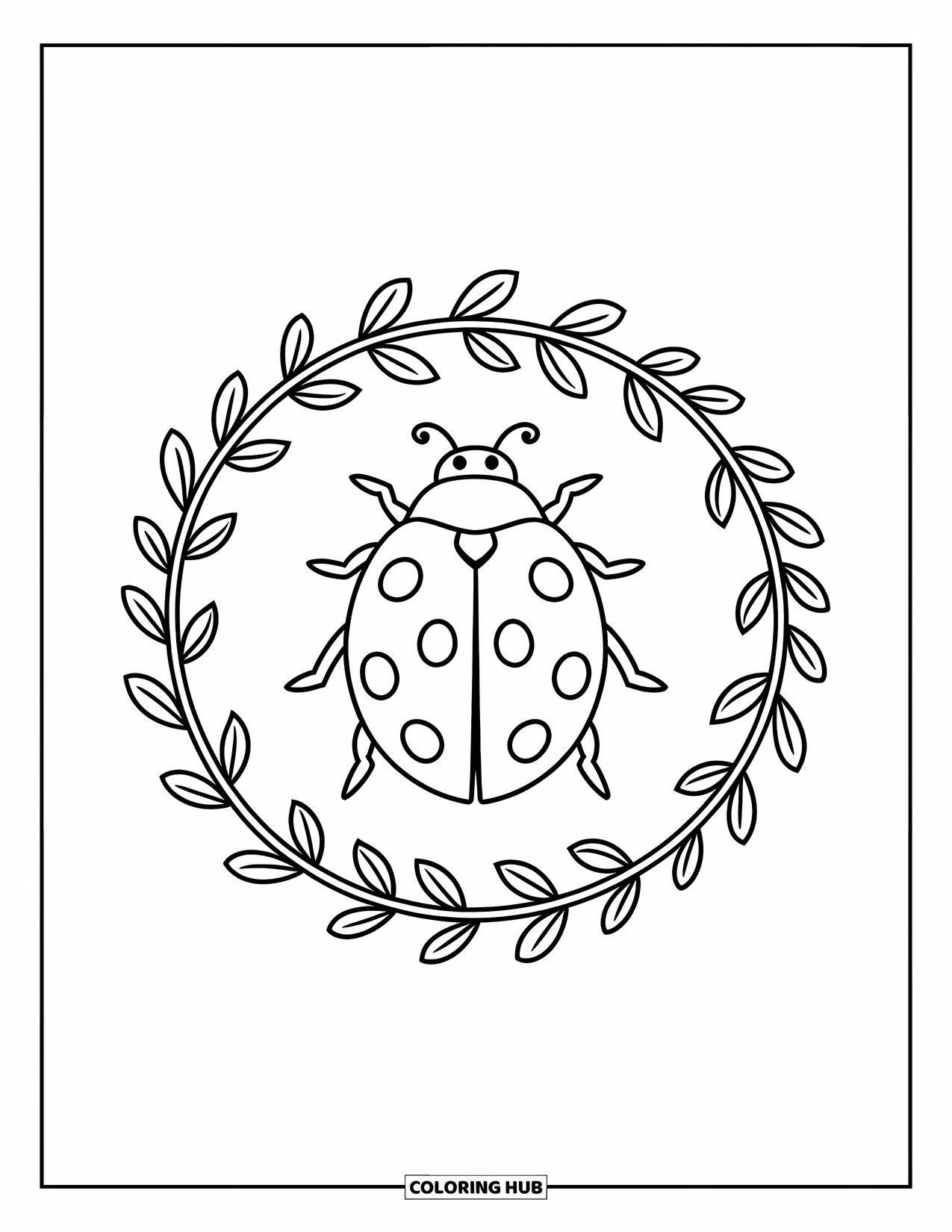 Ladybug Coloring Page for Adults: A ladybug is centered inside a floral circle filled with tiny leaf details