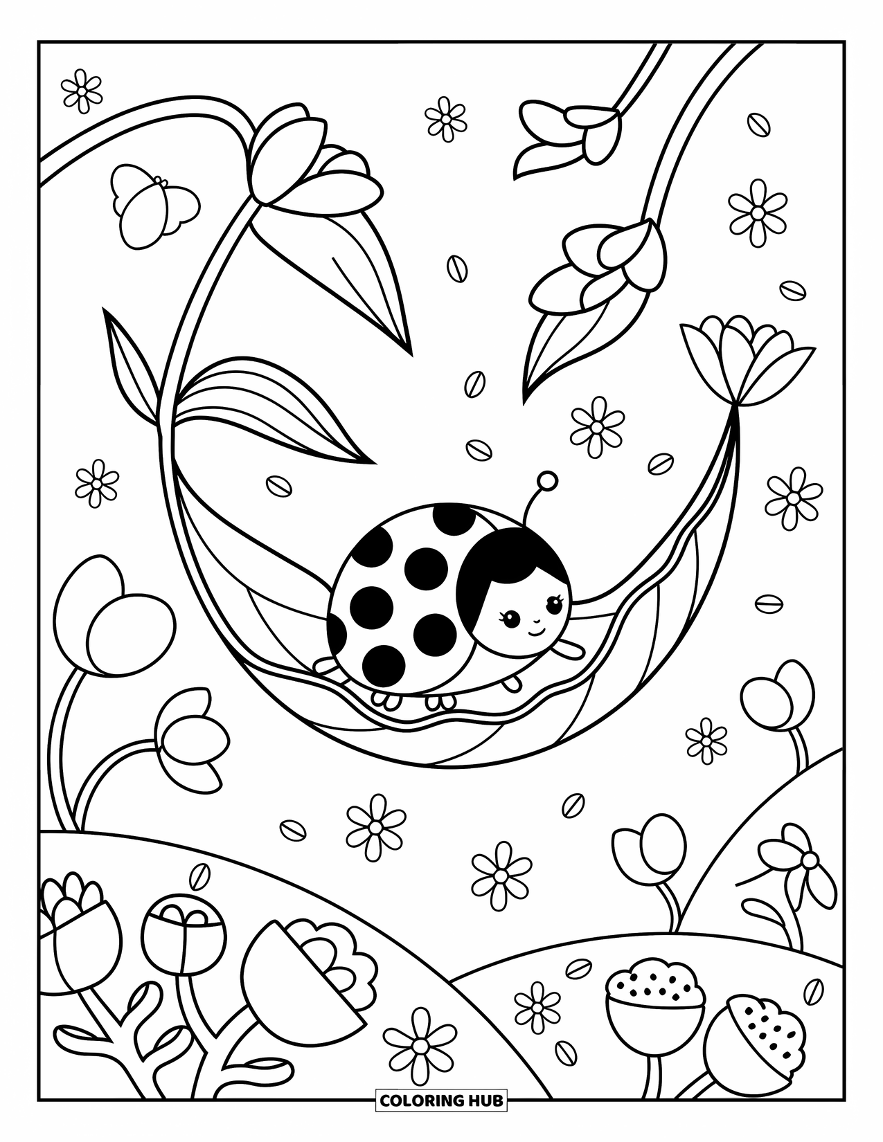 Ladybug Coloring Page for Adults: A ladybug relaxes on a leaf hammock between flowers with soft hills and floating seeds