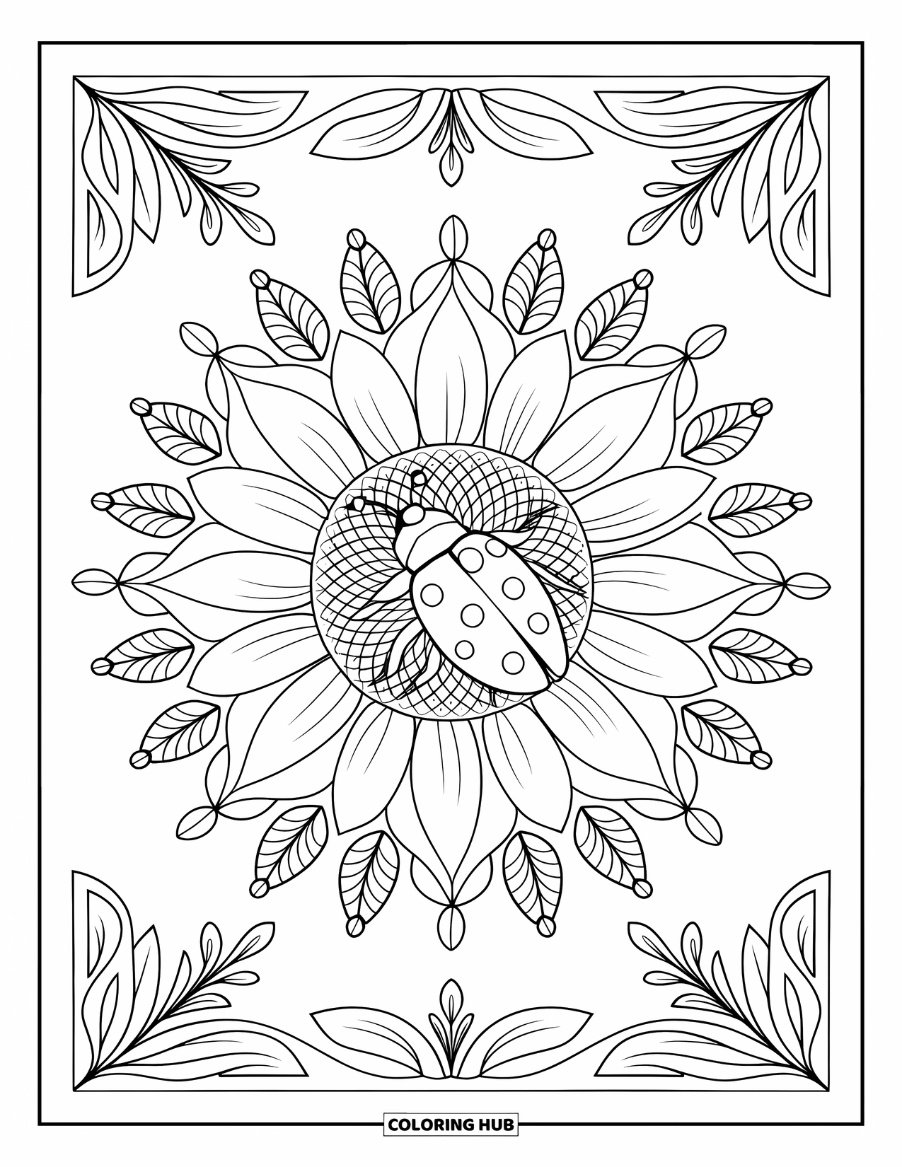 Ladybug Coloring Page for Adults: A ladybug sits in a sunflower center surrounded by a ring of garden herbs and buds