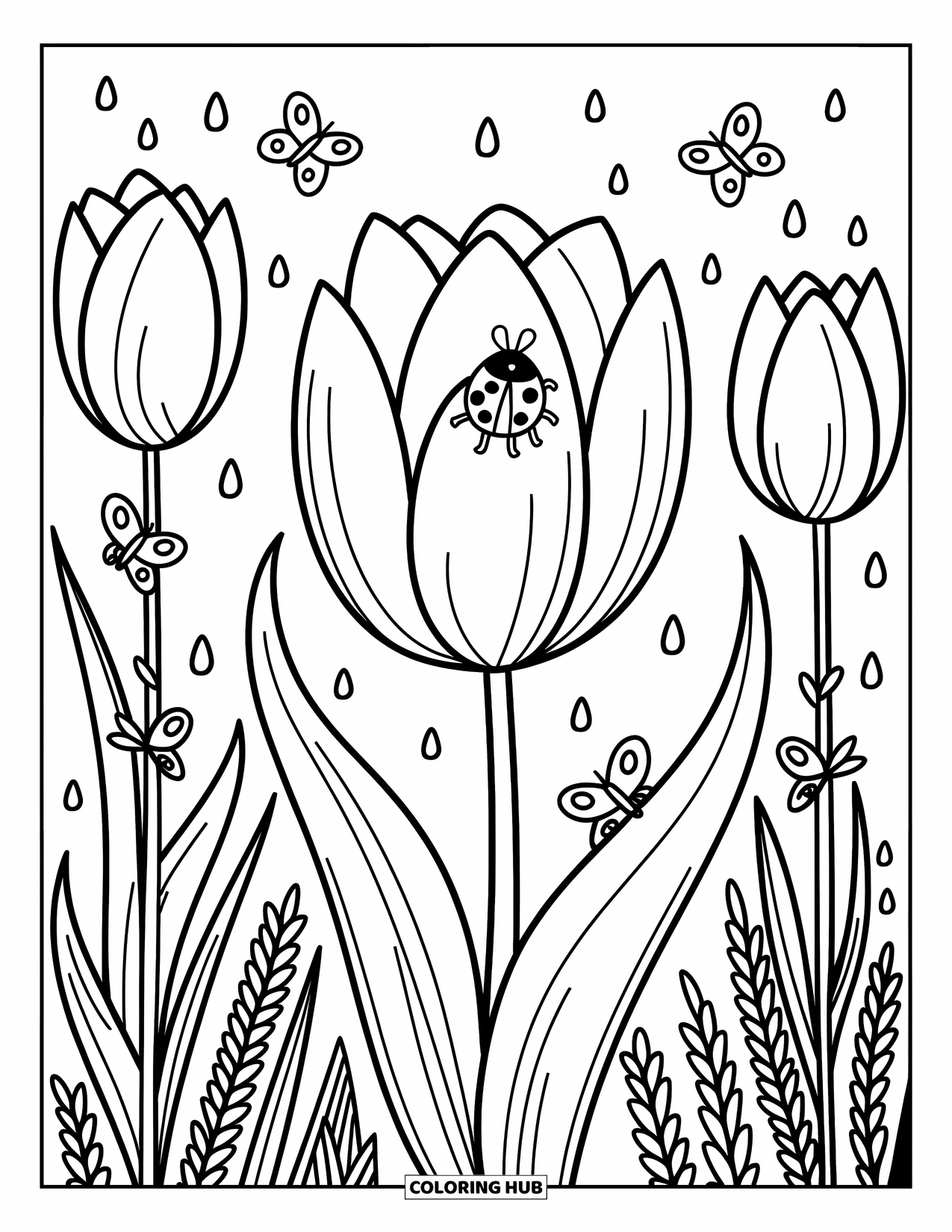 Ladybug Coloring Page for Adults: A little ladybug hides in a tulip bloom with bugs and flowers around
