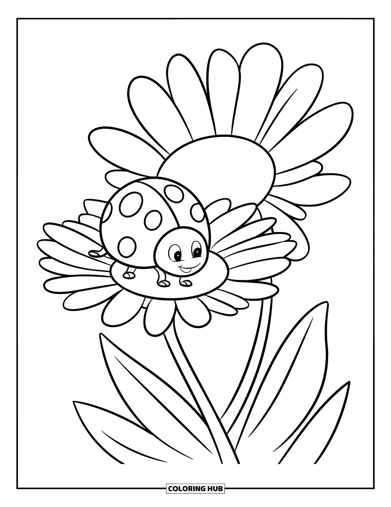 Ladybug Coloring Page for Kids: A bold ladybug with clean outlines relaxes on a petal of a daisy