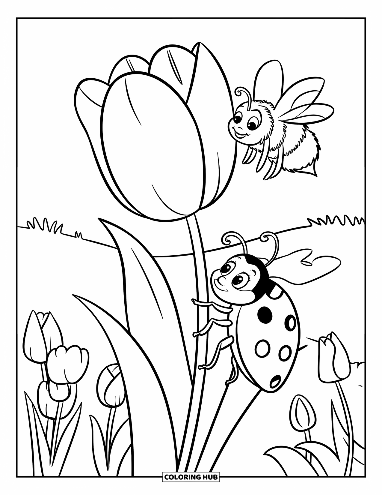 Ladybug Coloring Page for Kids: A cheerful ladybug and bumblebee play near tulips in a meadow
