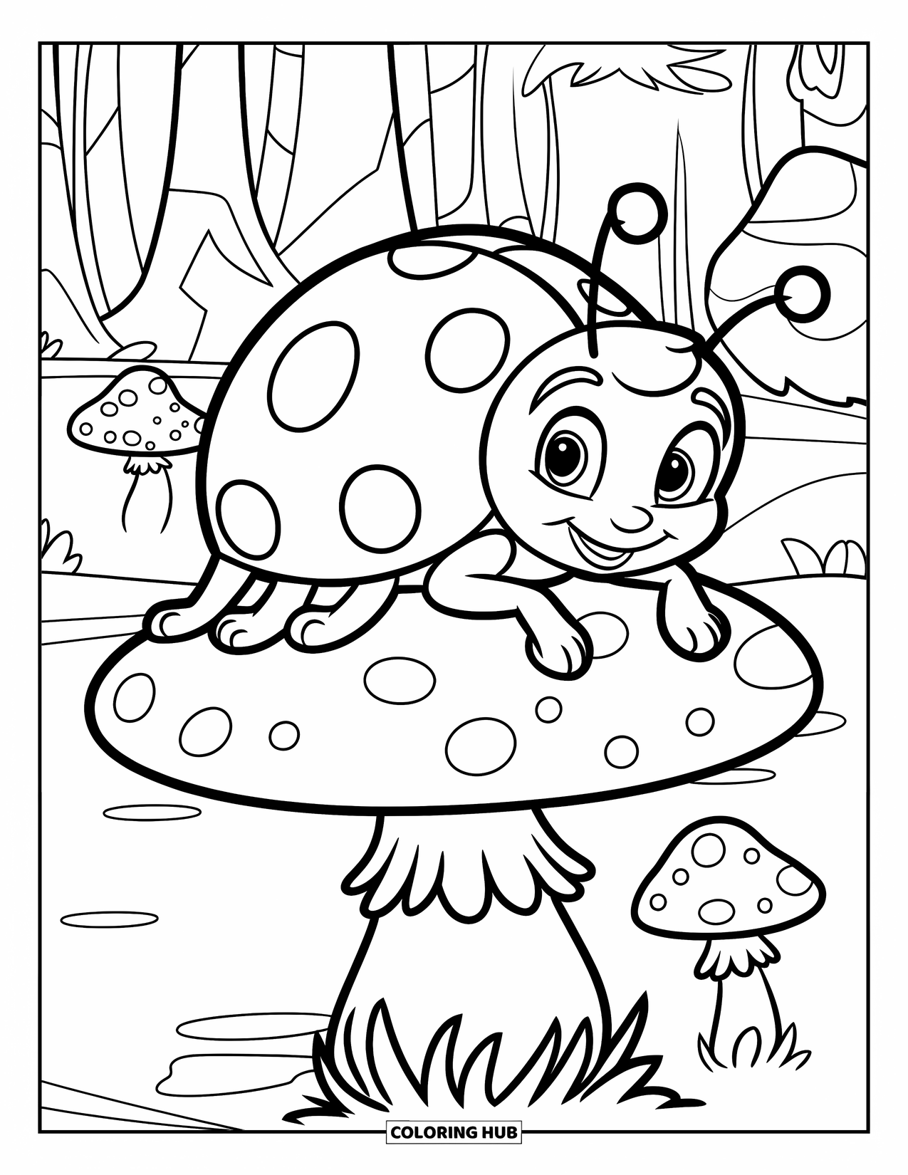 Ladybug Coloring Page for Kids: A cheerful ladybug with large eyes relaxes on a round-top mushroom in a forest with tall trees