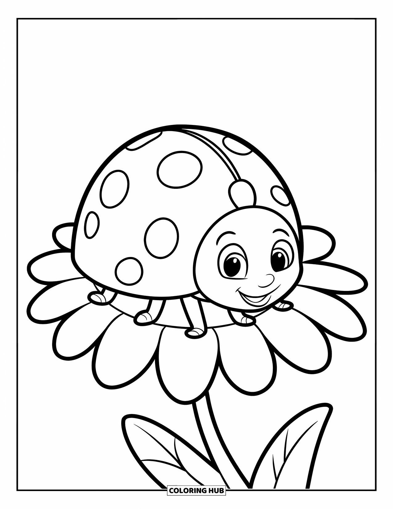 Ladybug Coloring Page for Kids: A close-up ladybug perches on a daisy with big round petals