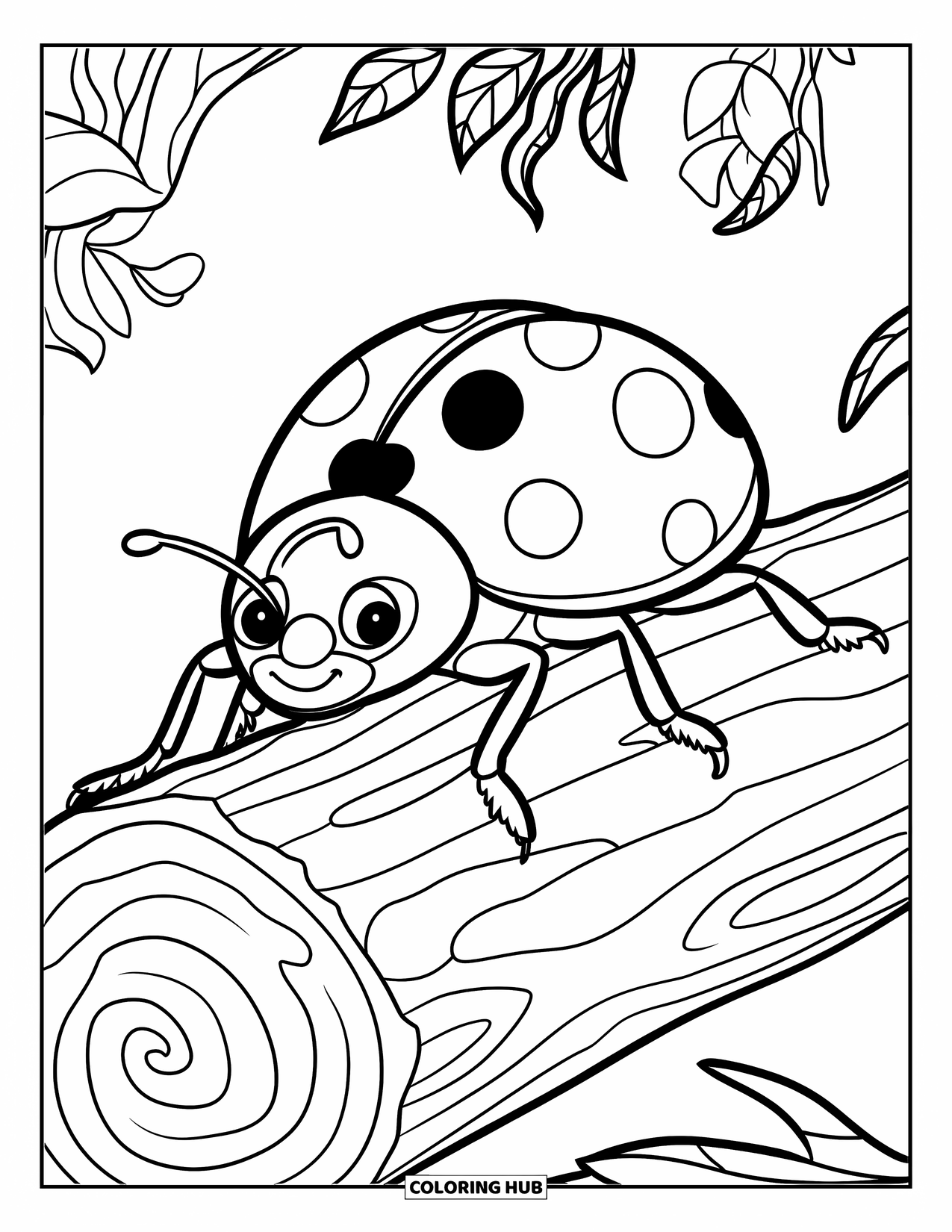 Ladybug Coloring Page for Kids: A curious ladybug walks across a grooved log among forest plants