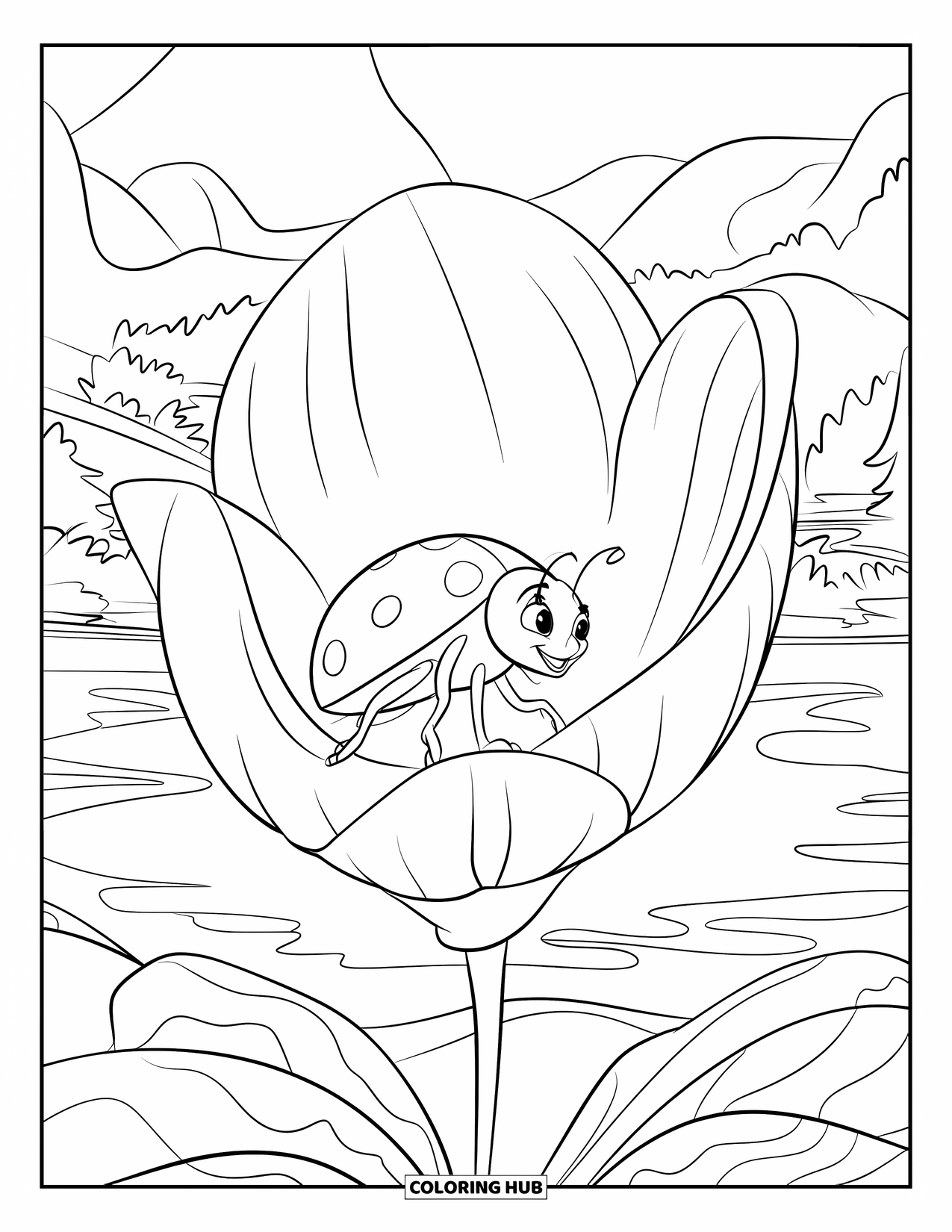Ladybug Coloring Page for Kids: A ladybug hides in the petal folds of a glowing flower