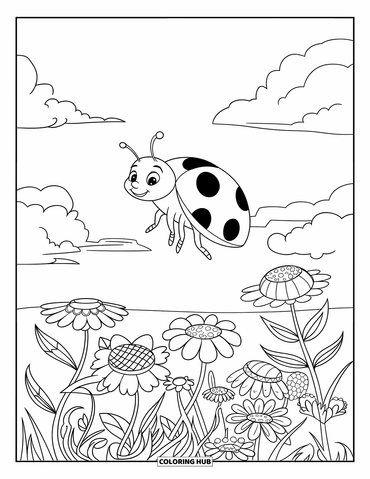 Ladybug Coloring Page for Kids: A ladybug hovers in flight above layers of blooming wildflowers