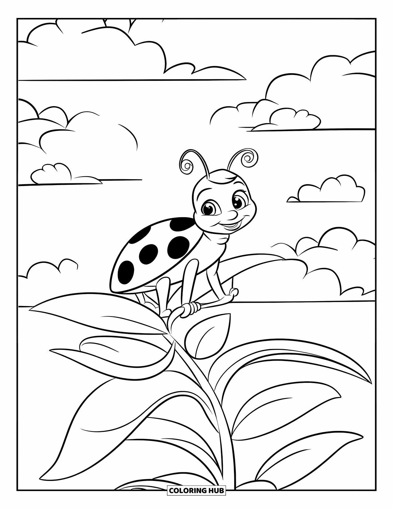 Ladybug Coloring Page for Kids: A ladybug perches on a leafy stem under a sky filled with soft clouds