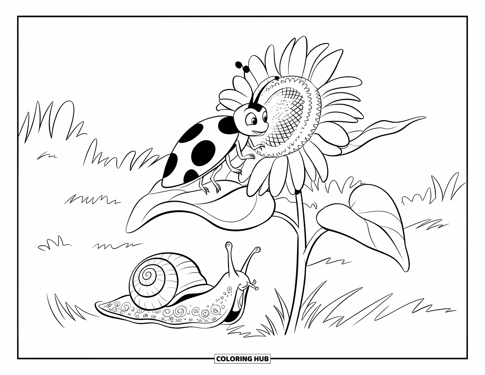 Ladybug Coloring Page for Kids: A ladybug perches on a sunflower as a patterned snail slinks past