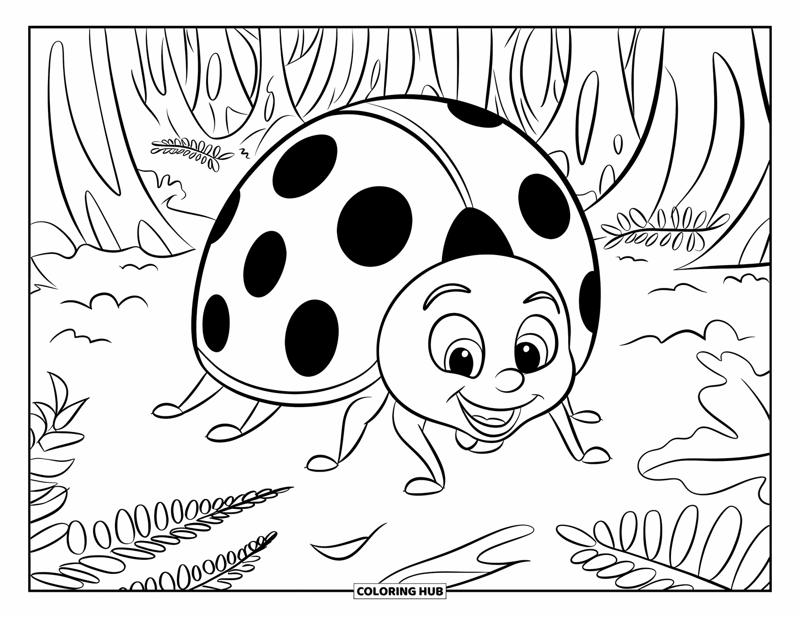 Ladybug Coloring Page for Kids: A ladybug rests among fallen leaves and tall forest ferns