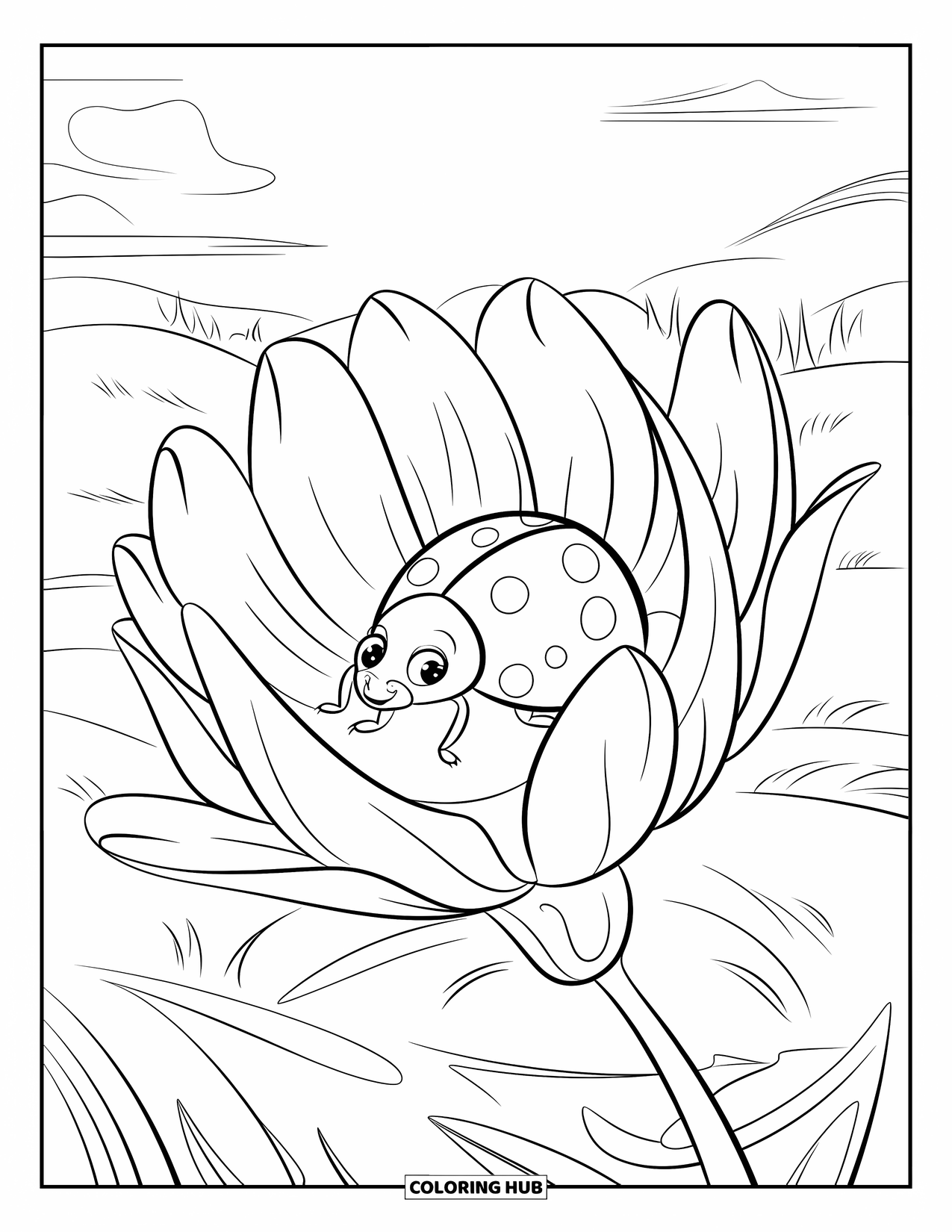 Ladybug Coloring Page for Kids: A ladybug sits in a red flower's open petal under blue skies