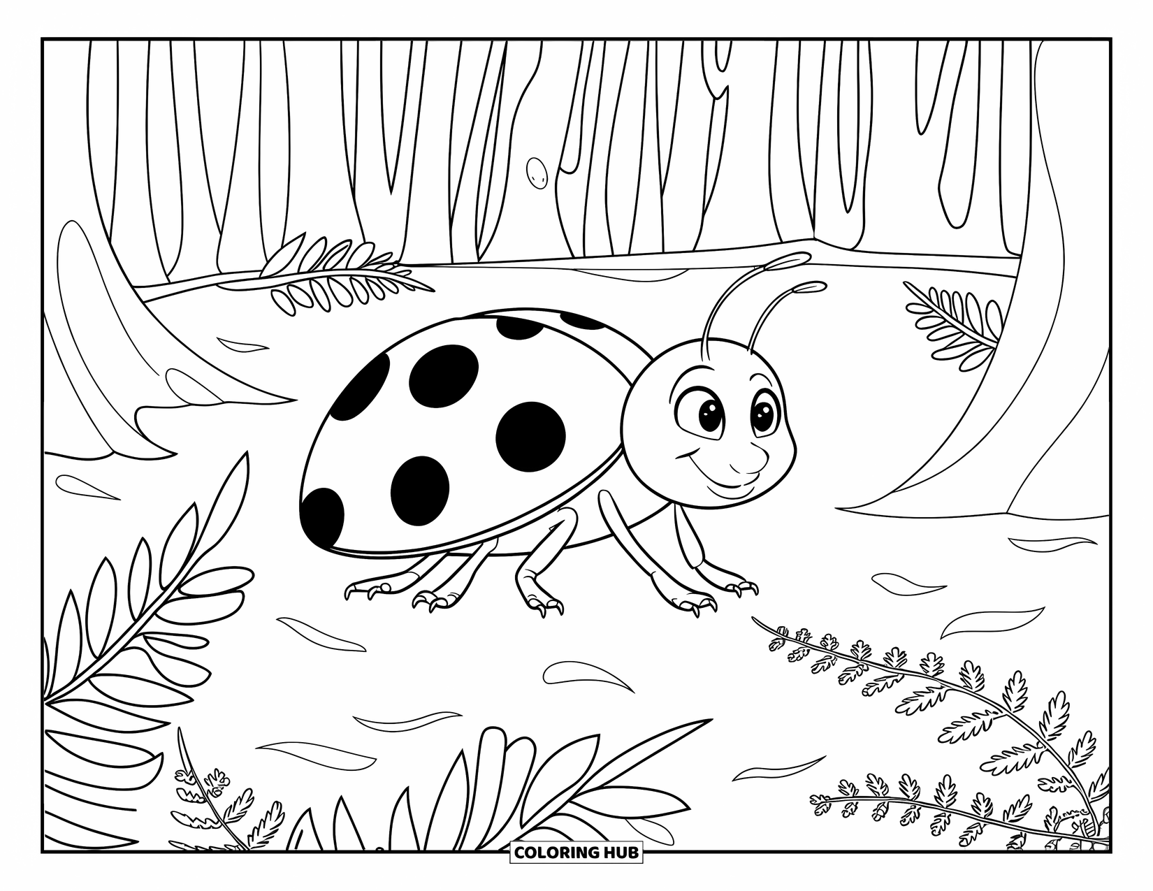 Ladybug Coloring Page for Kids: A ladybug sits quietly on a fern-covered forest floor
