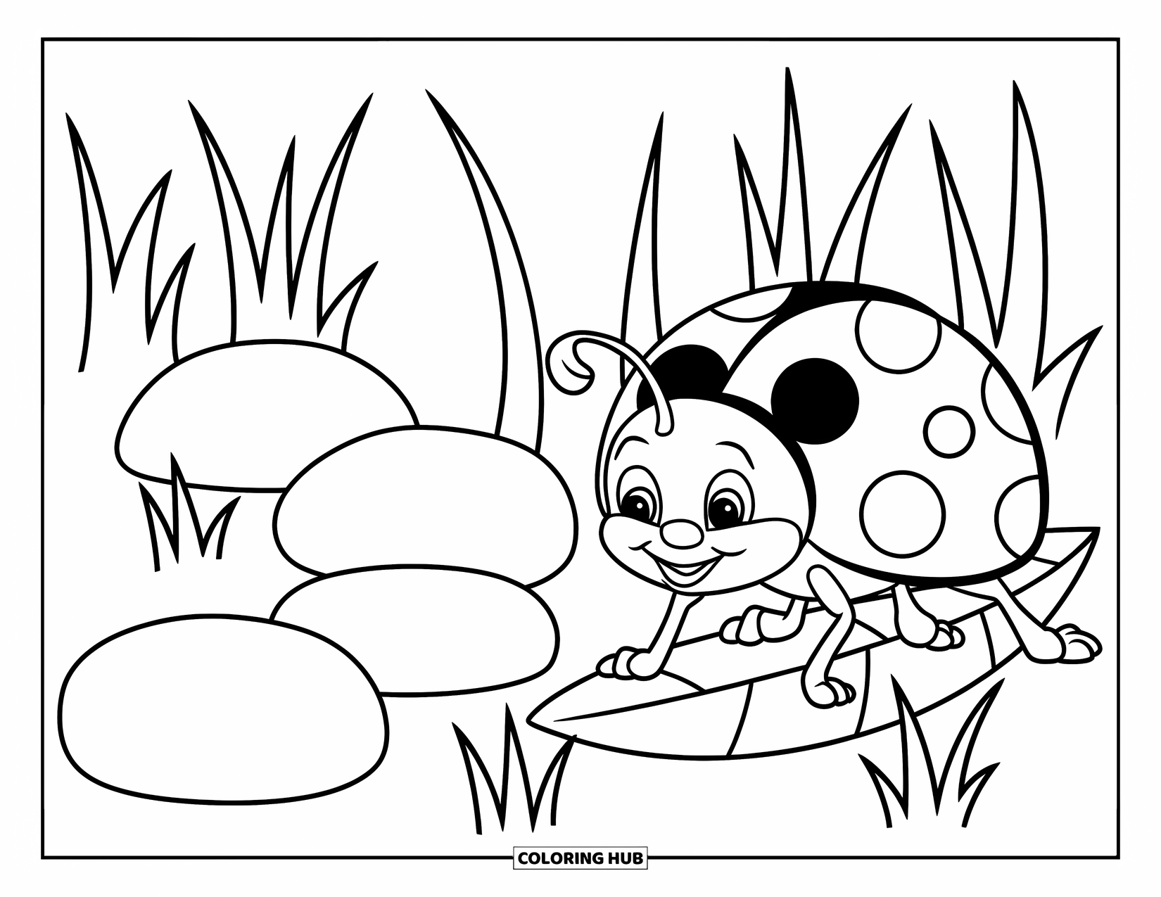 Ladybug Coloring Page for Kids: A playful ladybug strolls past pebbles and blades of grass on a sunny patch