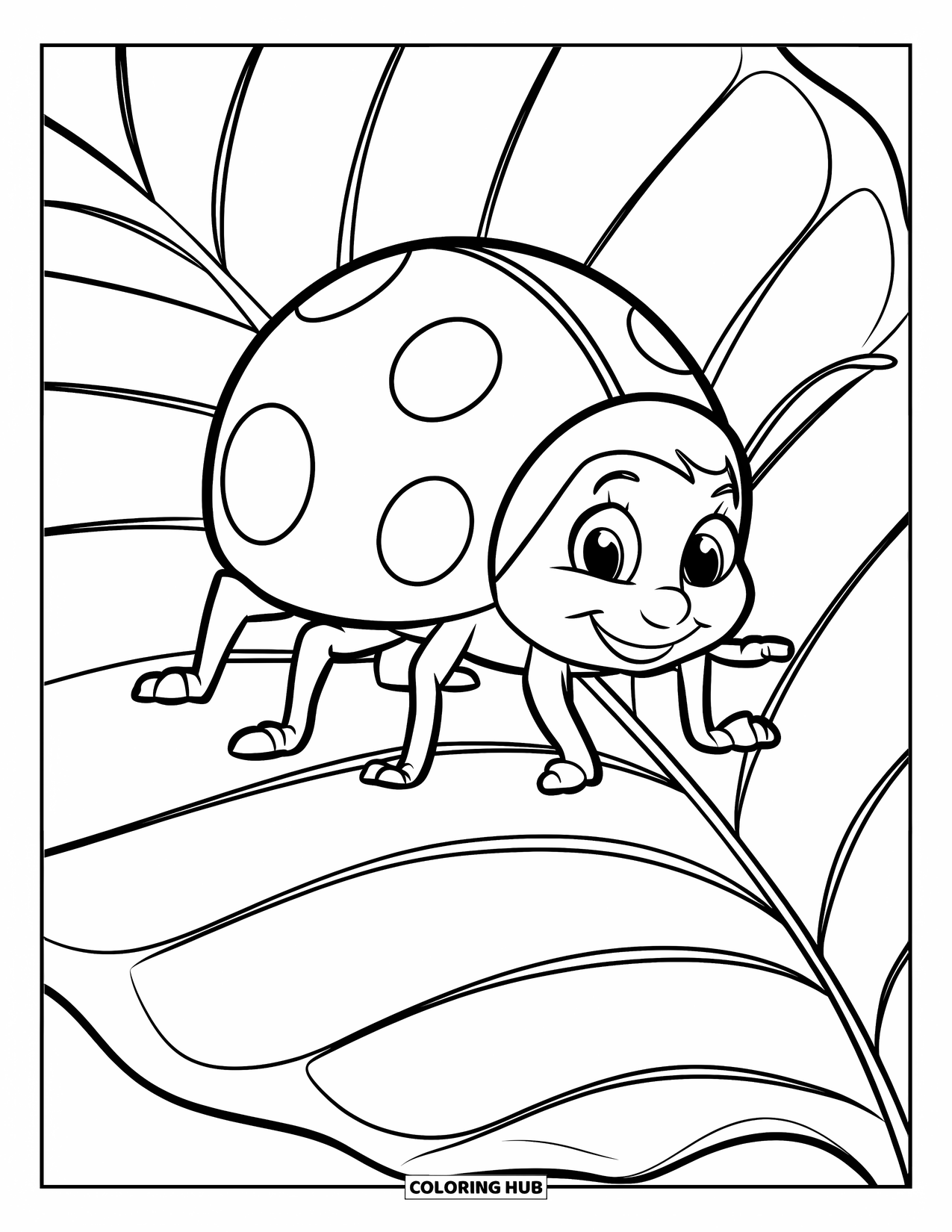 Ladybug Coloring Page for Kids: A round ladybug with bold spots crawls on a large leaf with dark green veins