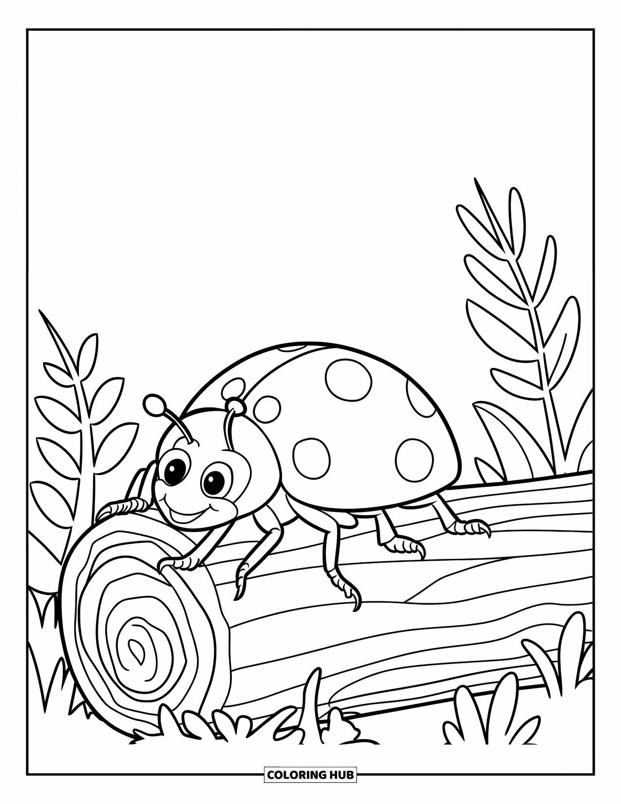 Ladybug Coloring Page for Kids: A smiling ladybug explores a leaf-covered log on a clean page