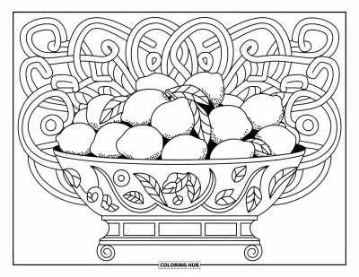 Coloriage de citron pour adultes : Panier de citrons dans un cercle avec des motifs de feuilles en arabesques sur une base en bois