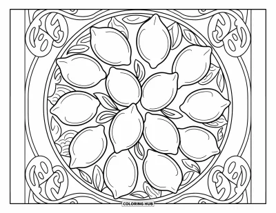 Coloriage de citron pour adultes : Panier de citrons avec des motifs en volutes et des détails artistiques feuillus