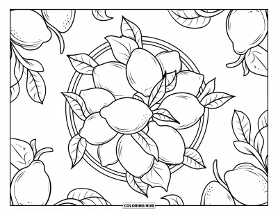 Coloriage de citron pour adultes : Motif circulaire d'un panier de citrons avec d'élégantes volutes feuillues