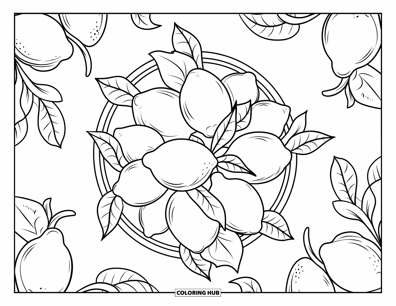 Lemon Coloring Page for Adults: Circular lemon basket design with elegant leafy swirls