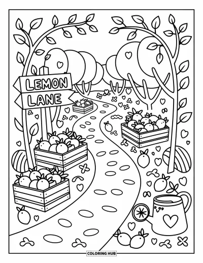 Coloriage de citron pour adultes : Allée de verger de citronniers avec des paniers, des fleurs et un adorable petit arrosoir