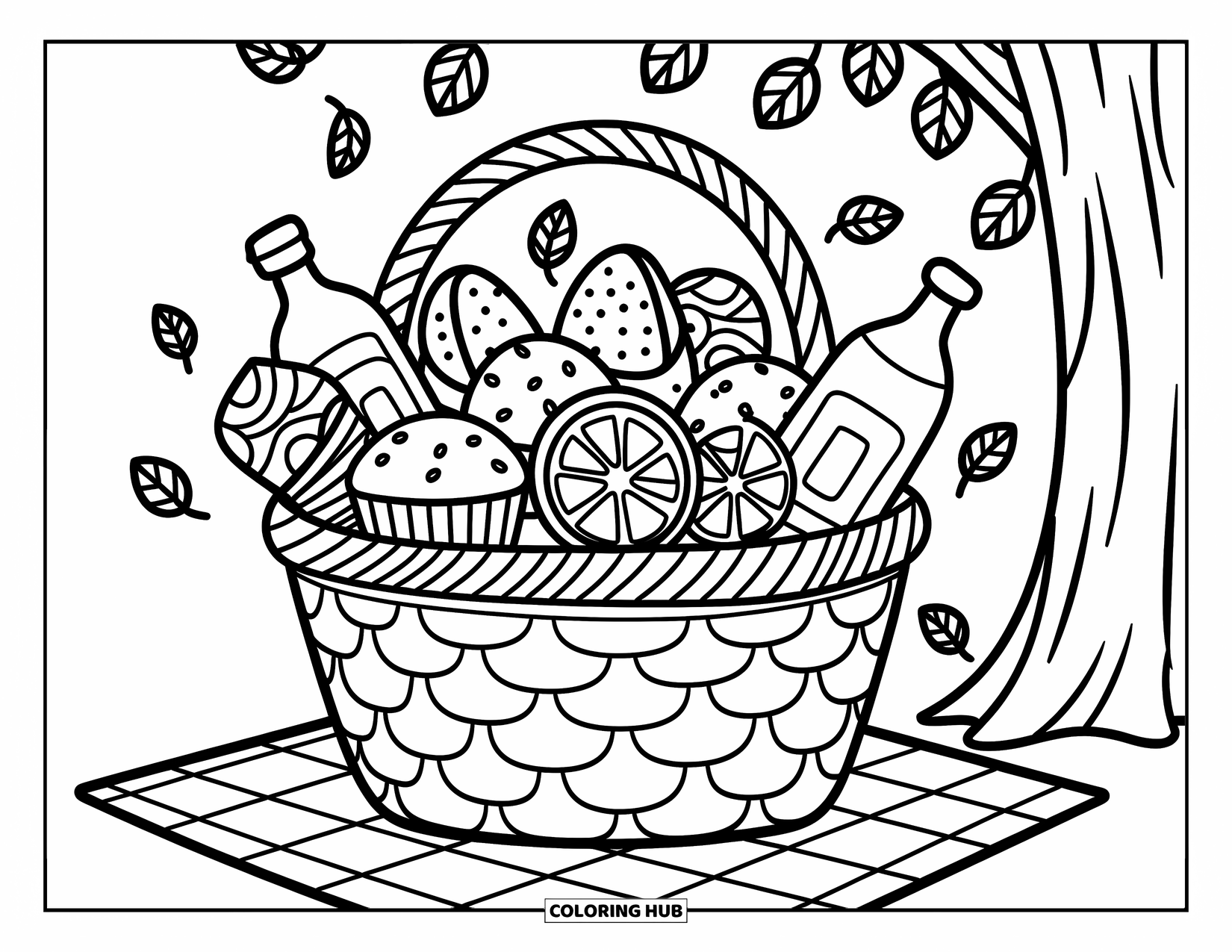 Lemon Coloring Page for Adults: Cozy picnic basket filled with lemon treats sits under a tree with fluttering leaves