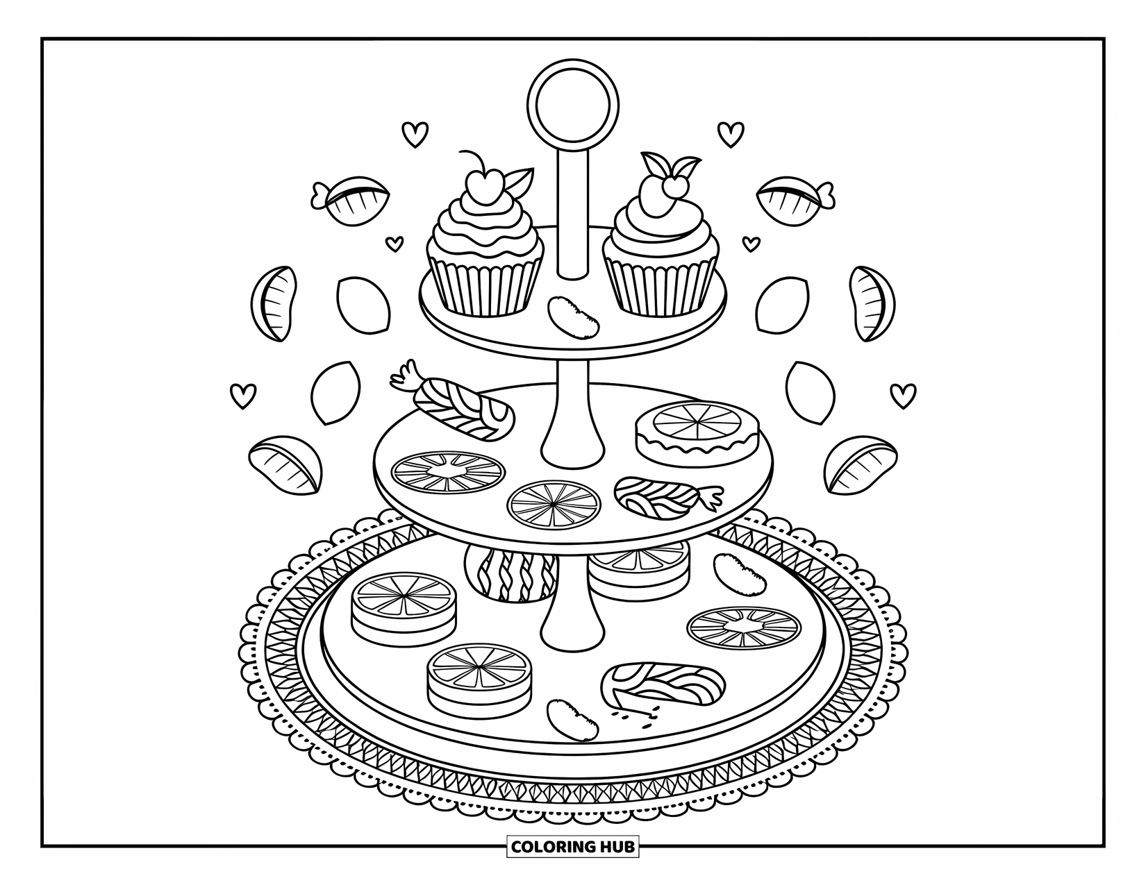 Lemon Coloring Page for Adults: Dessert stand with lemon sweets, leafy shapes, and tiny flags on each tier