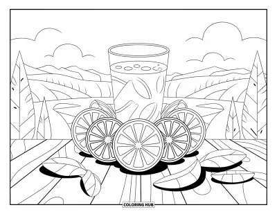 Coloriage de citron pour adultes : Verre de limonade entouré de rondelles d'agrumes et d'une vue paisible sur les montagnes