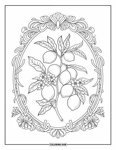 Coloriage de citron pour adultes : Branche de citronnier chargée de feuilles et de fleurs encadrée de motifs floraux ornés
