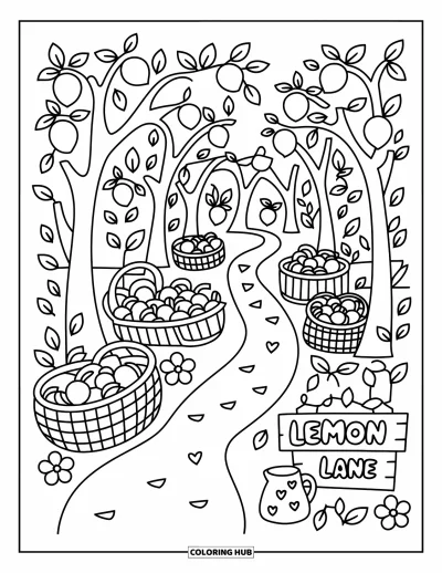 Coloriage de citron pour adultes : Caisses de citrons le long d'un chemin sous des arbres en arche avec une enseigne « Lemon Lane »