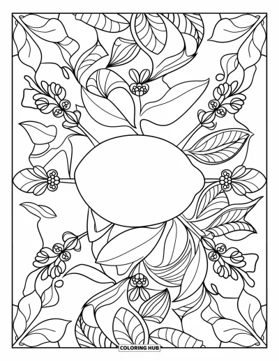 Coloriage de citron pour adultes : Citron encadré d'un mandala de feuilles, de fleurs et de lianes