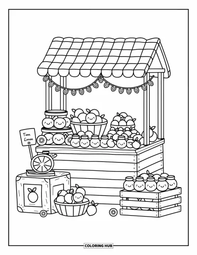 Coloriage de citron pour adultes : Stand de citrons avec des bocaux de confiture, des doodles et une petite balance sur une caisse