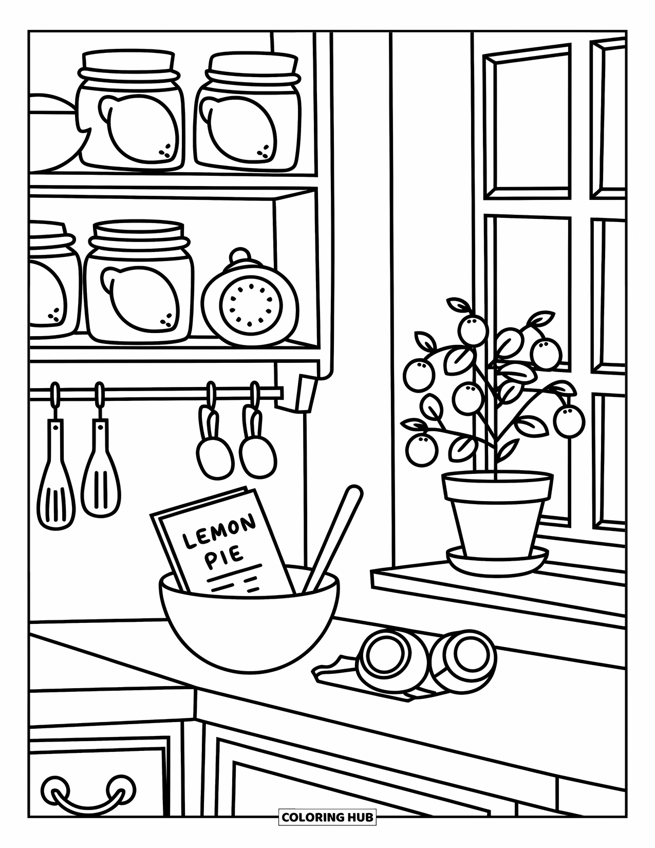Lemon Coloring Page for Adults: Lemon-themed kitchen scene with open shelves and a cute lemon pie recipe card