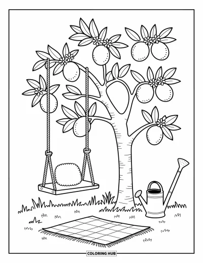 Coloriage de citron pour adultes : Citronnier aux gros fruits, avec une petite balançoire en corde et une couverture de pique-nique en dessous