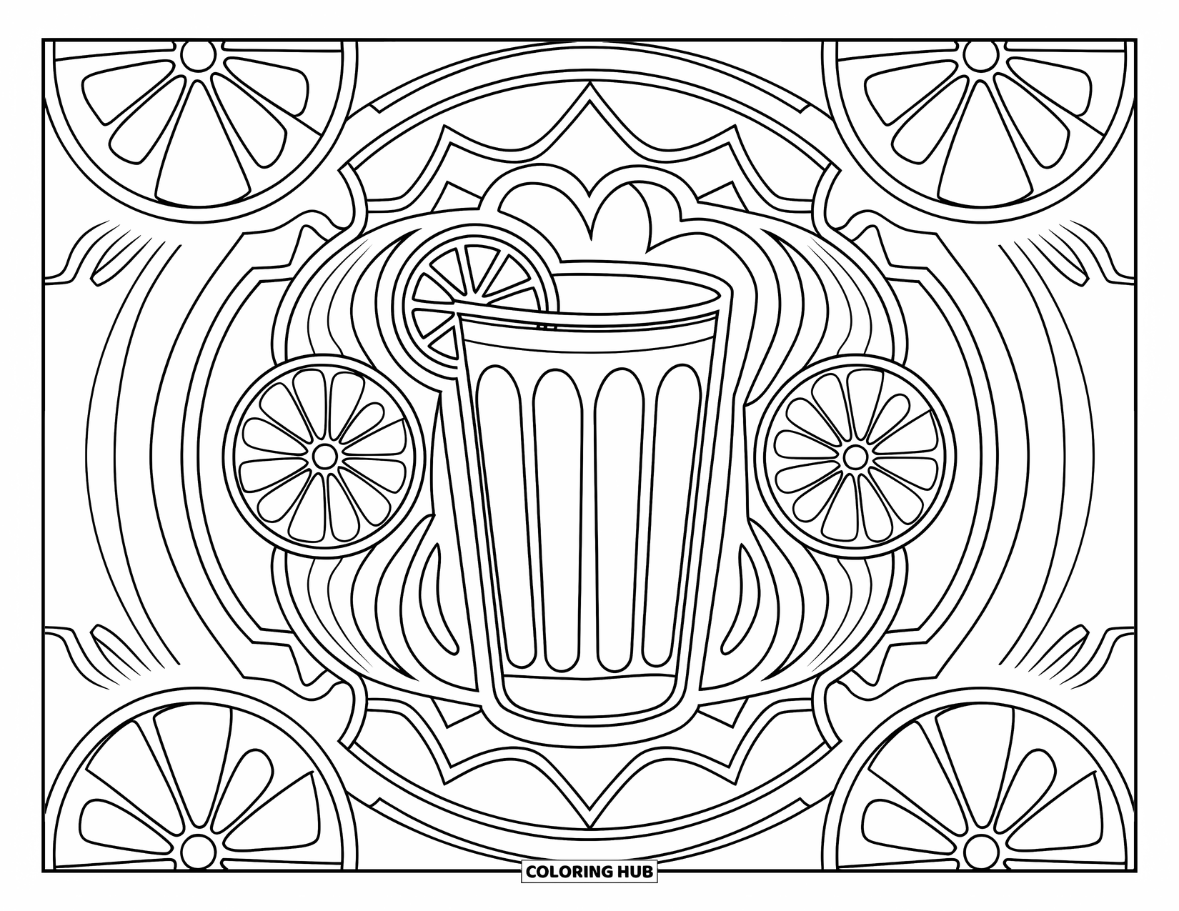 Lemon Coloring Page for Adults: Lemonade glass with citrus wheels and patterned leafy background