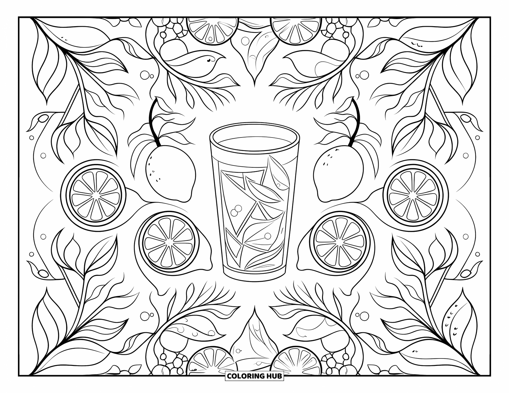 Lemon Coloring Page for Adults: Lemonade in the center with vines, flowers, and lemon wheels all around