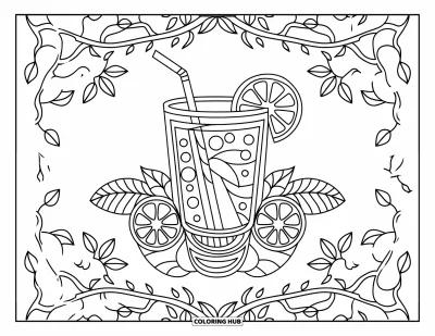 Coloriage de citron pour adultes : Limonade avec une paille et une tranche de citron, encadrée de motifs de feuilles d'agrumes