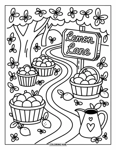 Coloriage de citron pour adultes : Allée bordée de citronniers avec des panneaux fantaisistes et des feuilles et cœurs épars