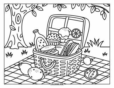 Coloriage de citron pour adultes : Panier de pique-nique garni de délices citronnés sous un arbre aux feuilles tombantes