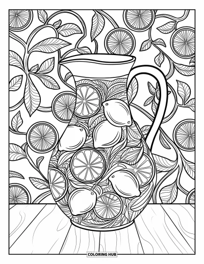 Coloriage de citron pour adultes : Carafe sur une table encadrée de lianes et de fruits citronnés aux détails soignés
