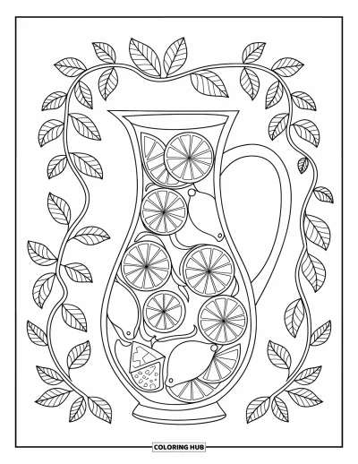 Coloriage de citron pour adultes : Carafe avec des tranches de citron entrelacées dans des volutes de mandala aux motifs d'agrumes